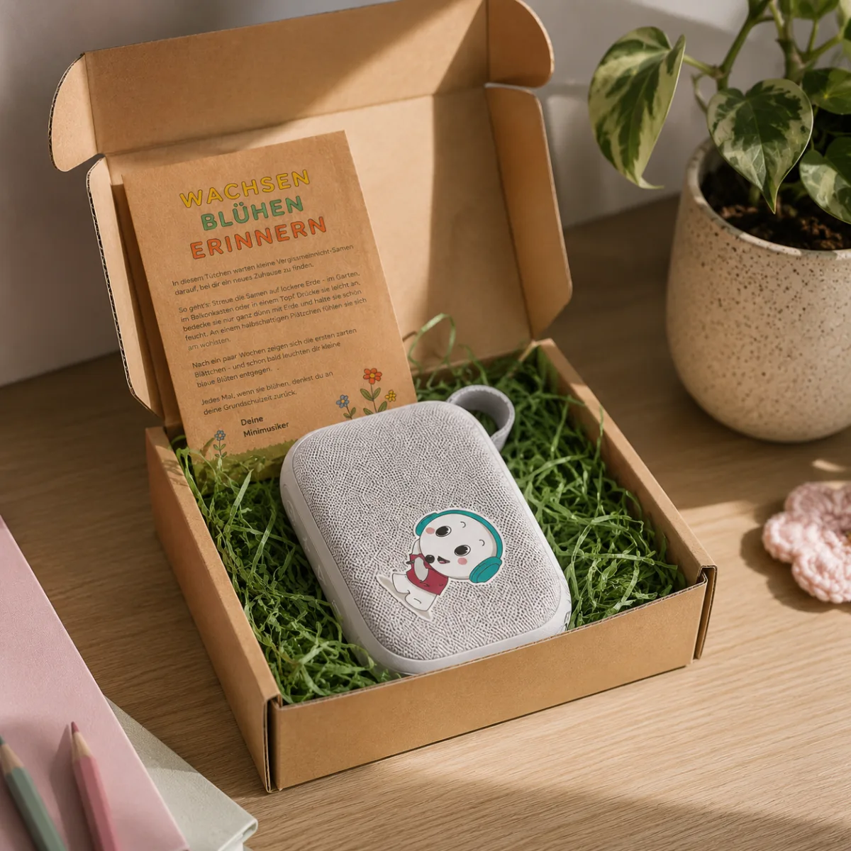Geöffnete Geschenkbox mit kleiner grauer Bluetooth-Box, Vergissmeinnicht-Karte mit der Aufschrift "Wachsen, Blühen, Erinnern" und grünem Ostergras