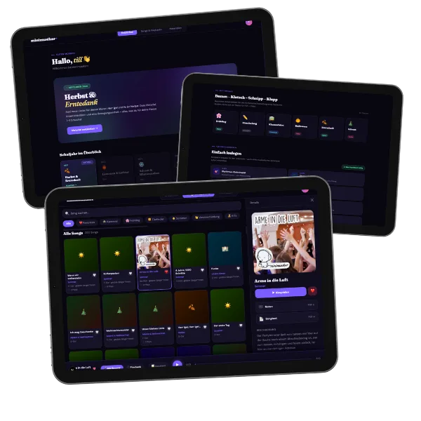 Vorschau auf die minimusiker+ Web-App auf drei iPad-Ansichten: Startseite, Song-Kategorien und Song-Detail